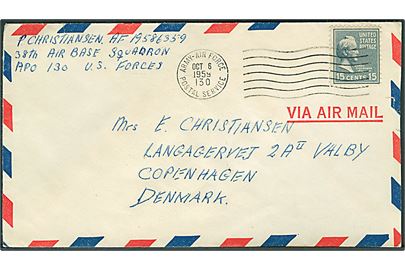 15 cents Buchanan på luftpostbrev stemplet Army-Air Force Postal Service APO 130 (= Sembach Air Base, Kaiserslautern, Tyskland) d. 6.10.1959 til København, Danmark. Fra dansker ved 38th Air Base Squadron.