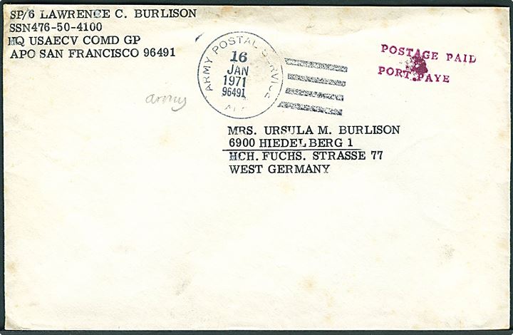 Ufrankeret Postage Paid feltpostbrev stemplet Army Postal Service APO 96491 (= Long Binh, Vietnam) d. 16.1.1971 til Heidelberg, Tyskland. Fra HQ USAECV (U.S. Army Engineer Command Vietnam).