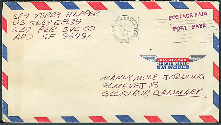 Ufrankeret luftpostbrev med Postage Paid stemplet Army & Air Force Postal Service APO 96491 (= Long Binh, Vietnam) d. 25.12.1967 til Glostrup, Danmark. Fra soldat i 537th Personnel Services Company 