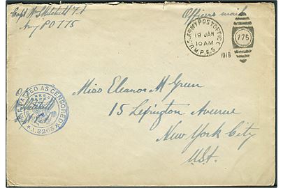 Ufrankeret Officers Mail feltpostbrev stemplet U. S. Army Post Office M.P.E.S. 775 d. 19.1.1919 til USA. Violet unit censor no. A.3265.