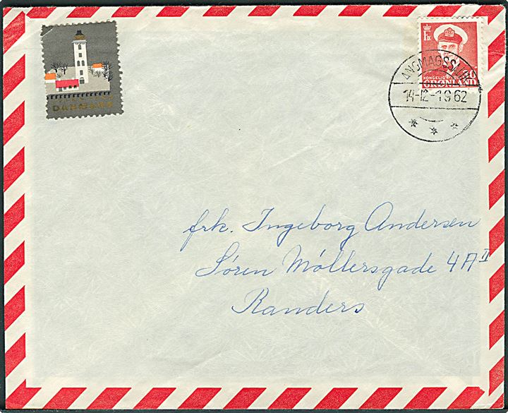 30 øre Fr. IX på luftpostbrev fra Angmagssalik d. 14.12.1962 til Randers.