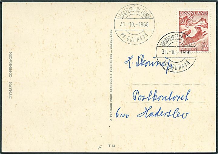 50 øre Drengen og Ræven på brevkort annulleret med pr.-stempel Kronprinsens Ejland pr. Godhavn d. 31.10.1968 til Haderslev.