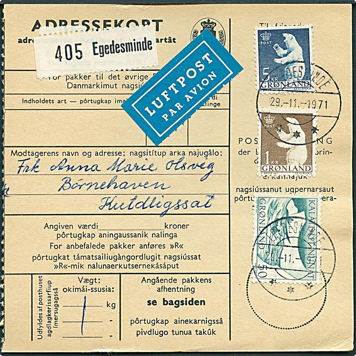 50 øre Kajakpost, 1 kr. og 5 kr. Isbjørn på adressekort for indenrigs luftpostpakke fra Egedesminde d. 29.11.1971 til Kutdligssat. 