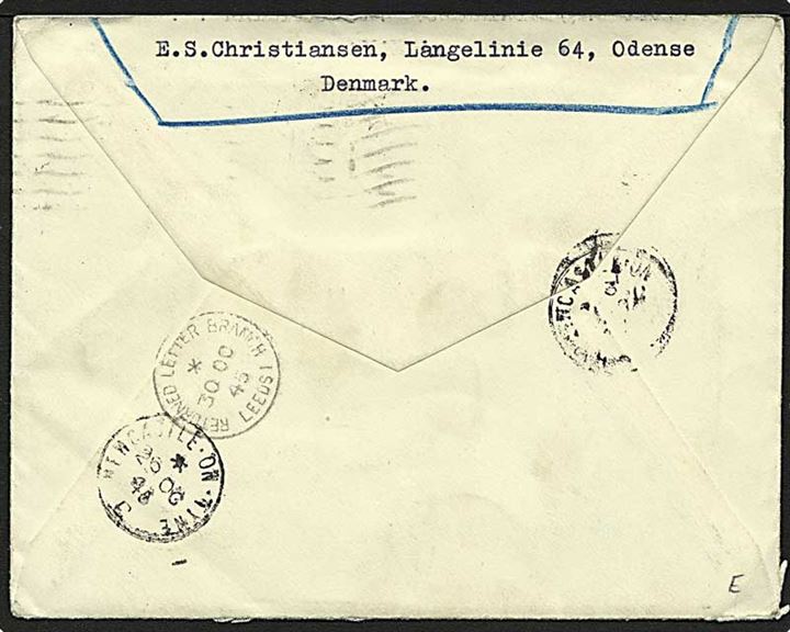 10 øre (2) og 20 øre Chr. X 75 år på brev fra Odense 1945 til Newcastle, England. Retur som ubekendt med flere stempler. Et mærke defekt.