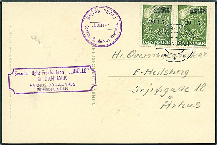 20+5/15+5 øre Frihedsfonden i parstykke på ballonpost brevkort befordret med hollandske ballon Libelle fra Aarhus d. 30.4.1955 og stemplet Nordby Samsø d. 30.4.1955 til Aarhus.