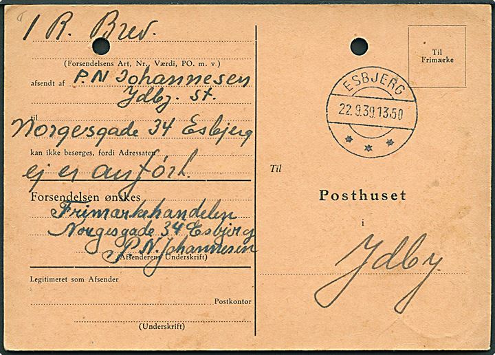15 øre Karavel annulleret med bureaustempel Struer - Thisted T.736 d. 23.9.1939 på forespørgsel vedr. uanbringelig forsendelse til Esbjerg. 2 arkivhuller.
