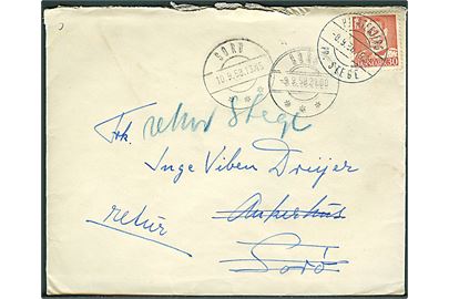 30 øre Fr. IX på brev annulleret med pr.-stempel Hjertebjerg pr. Stege d. 8.9.1958 til Sorø. Retur som ubekendt i Sorø.