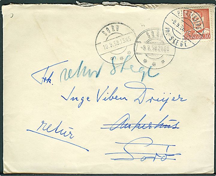30 øre Fr. IX på brev annulleret med pr.-stempel Hjertebjerg pr. Stege d. 8.9.1958 til Sorø. Retur som ubekendt i Sorø.