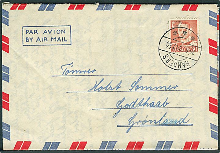 30 øre Fr. IX på privat aerogram fra Randers d. 24.9.1958 til Godthaab, Grønland.