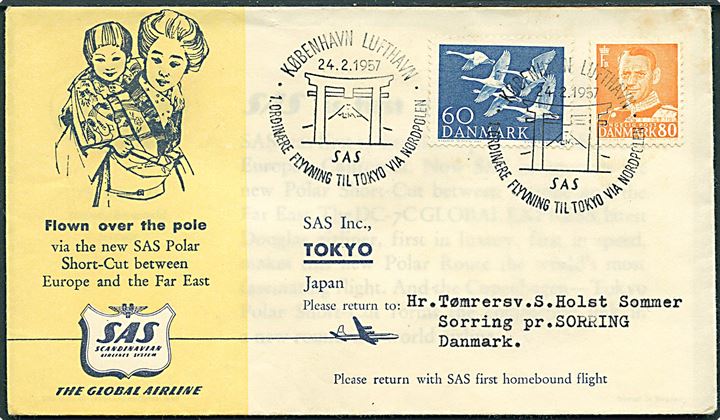 60 øre Nordens Dag og 80 øre Fr. IX på SAS førsteflyvningskuvert stemplet København Lufthavn d. 24.2.1957 via Nordpolen og Tokyo til Sorring, Danmark.