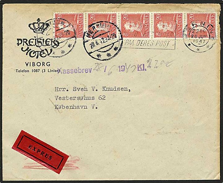20 øre Chr. X i fem-stribe på ekspresbrev ilagt postkasse i Herning d. 28.6.1947 til København. Violet: Kassebrev 28/6 1947 kl. 22.00
