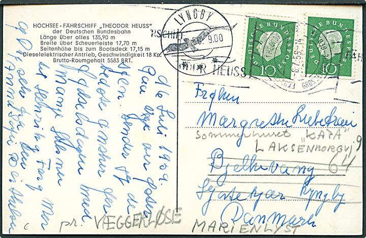 Tysk 10 pfg. (2) på brevkort (Færgen Theodor Heuss) annulleret med skibsstempel Fährschiff Theodor Heus / Grossenbrode - Gedser / Fährschiff Theodor Heuss d. 6.7.1959 til Lyngby, Danmark - eftersendt til Marienlyst pr. Væggerløse.