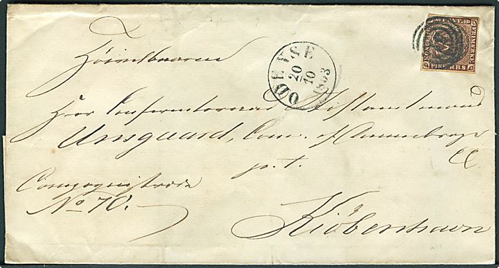 4 R.B.S. Thiele II sortbrun på brev annulleret med nr.stempel 51 og sidestemplet antiqua Odense d. 20.10.1853 til Kiøbenhavn. Tæt i venstre  hjørne.