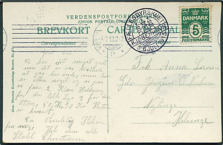 5 øre Bølgelinie på brevkort fra Kjøbenhavn d. 4.7.1913 til Helsinge. Sidestempel: Fællesdyreskuet Kjøbenhavn 3-6 Juli 1913.