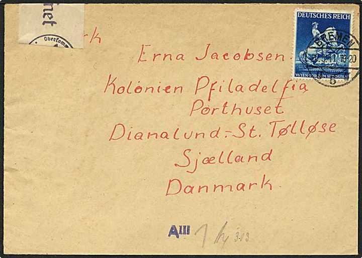 25 Pfg. Wien-Tor zum Südopsten single på brev fra Bremen 1941 til Dianalund, Danmark. Åbnet af tysk censur i Hamburg.
