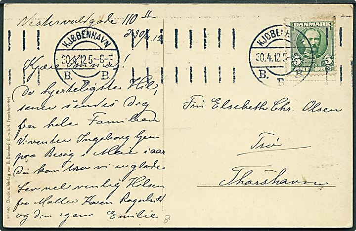 5 øre Fr. VIII på brevkort fra Kjøbenhavn d. 30.4.1912 til Trö pr. Thorshavn, Færøerne.