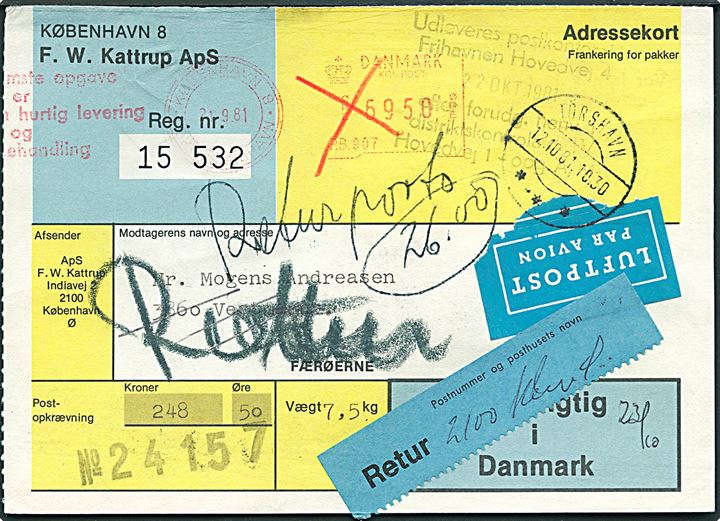 69,50 kr. firmafranko på adressekort for luftpostpakke fra København d. 21.9.1981 til Vestmanna, Færøerne. Retur med 26 kr. returporto på bagsiden.