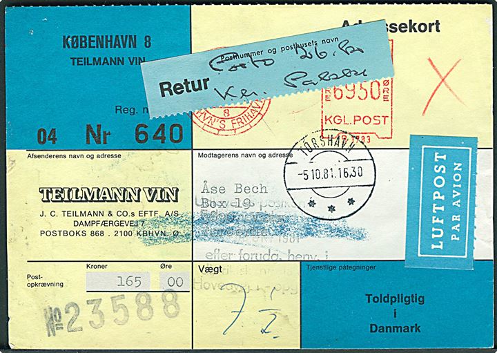 69,50 kr. firmafranko på adressekort for luftpostpakke fra København d. 1981 til Vagur, Færøerne. Retur med 26 kr. returporto på bagsiden.
