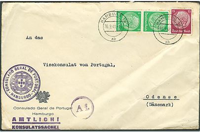 5 pfg. (2) og 15 pfg. Hindenburg på fortrykt kuvert fra det portugisiske generalkonsulat i Hamburg til den portugisiske vicekonsul i Odense, Danmark. Stemplet Amtlich! / Konsulatsache! og passér stemplet ved den tyske censur i Hamburg.  