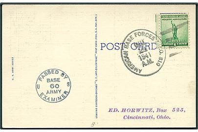 1d Defense på brevkort stemplet American Base Forces APO 810 (= Baldurshagi, Island) d. 21.10.1941 til USA. Base censor no. 60. 