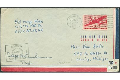 6 cents Transport på luftpostbrev stemplet U.S.Army A.P.O. 5 (= Baldurshagi, Island) d. 20.6.1943 til USA. Fra soldat ved Co. D, 5th Medical Battalion. Unit censor no. 00794.