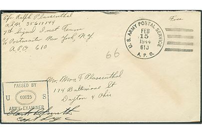Ufrankeret feltpostbrev stemplet U. S. Army Postal Service APO 610 (= Keflavik, Island) d. 15.2.1944 til USA. Unit censor no. 00825.