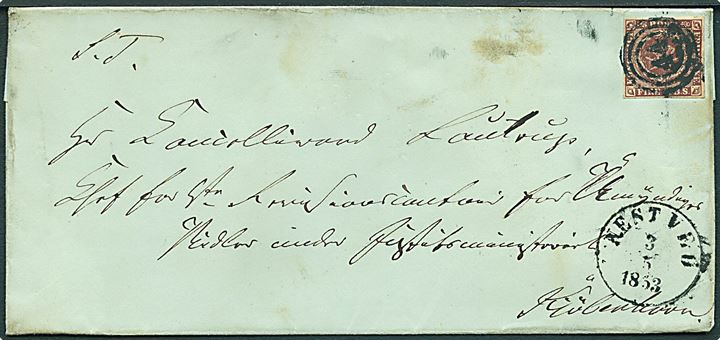 4 R.B.S. Thiele I på brev annulleret med nr.stempel 44 og sidestemplet antiqua Nestved d. 3.5.1853 til Kjøbenhavn.