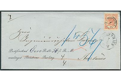 4 sk. Krone/Scepter på brev med postforskud 1 Rd. 56 sk. annulleret med nr.stempel 1 og sidestemplet Kjøbenhavn d. 7.2.1865 til Aarhus. 