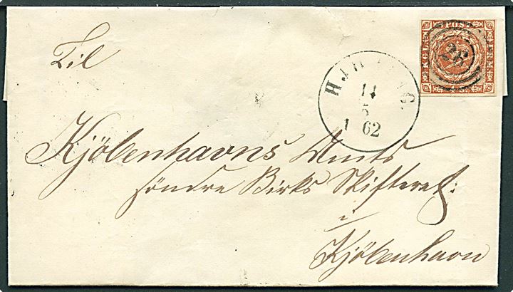 4 sk. 1858 på brev annulleret med nr.stempel 26 og sidestemplet antiqua Hjørring d. 14.5.1862 via Aalborg til Kjøbenhavn.