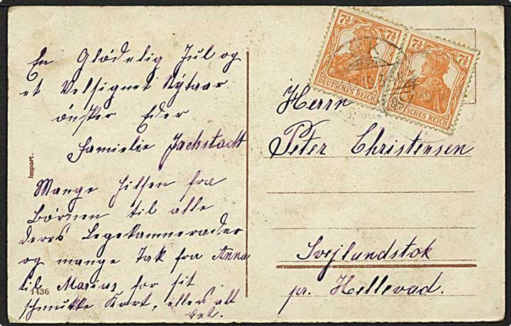 7½ pfg. Germania i par på brevkort stemplet Uk (Schleswig) d. 24.12.1919 til Svejlundstok pr. Hellevad. Lidt nusset.