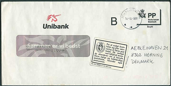 PP rudekuvert fra Unibank Ballerup til Grønland eftersendt med stempel 3910 Kangerlussuaq d. 18.10.1991 til Hørning, Danmark. Påsat meddelelse fra Grønlands Postvæsen vedr. korrekt adresse.