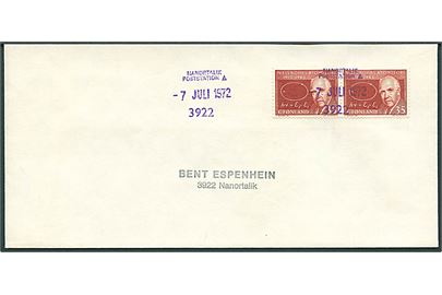 35 øre Niels Bohr i parstykke på brev annulleret med trodat stempel Nanortalik Poststation 3922 d. 7.7.1972 til Nanortalik.