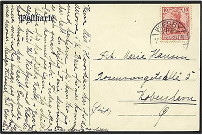 10 pfg. Germania (defekt) på brevkort stemplet Wiesby (Kr. Tondern) 19.x.1910 til København.