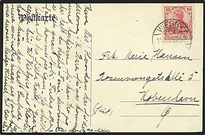 10 pfg. Germania (defekt) på brevkort stemplet Wiesby (Kr. Tondern) 19.x.1910 til København.