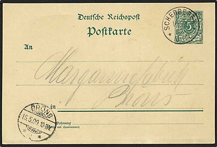 5 pfg. helsagsbrevkort annulleret med enringsstempel Scherrebeck d. 16.5.1900 til Bröns.