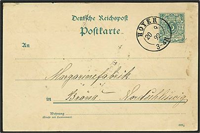 5 pfg. helsagsbrevkort annulleret med toringsstempel Hoyer d. 20.9.1892 til Bröns.