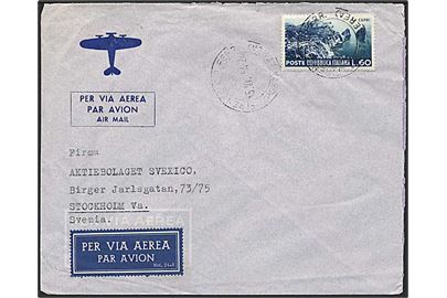 60 lire blå/grøn på luftpost brev fraFirenze, Italien d. 15.10.1954 til Stockholm, Sverige.