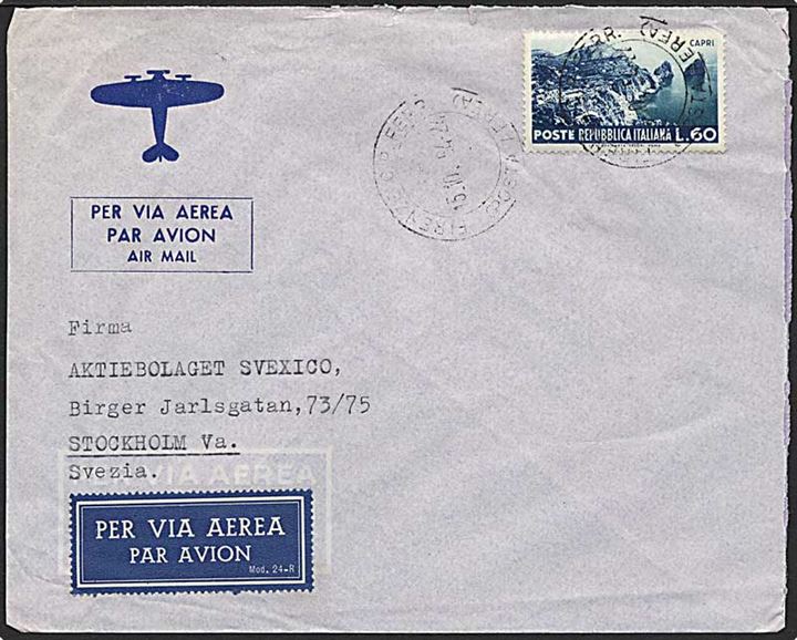60 lire blå/grøn på luftpost brev fraFirenze, Italien d. 15.10.1954 til Stockholm, Sverige.