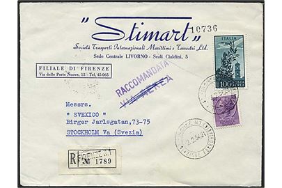 125 lire på Rec. brev fra Firenze, Italien d. 2.2.1954 til Stockholm, Sverige.