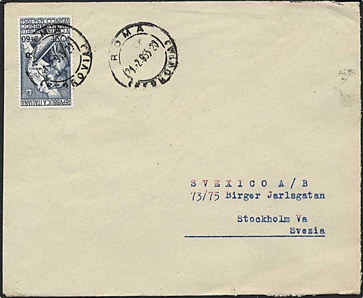 60 lire blå på brev fra Rom, Italien d. 21.2.1955 til Stockholm, Sverige.