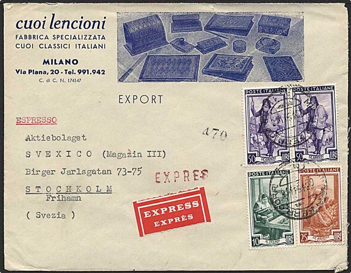 135 lire porto på expres brev fra , Italien, d. 2.11.1951 til Stockholm, Sverige.