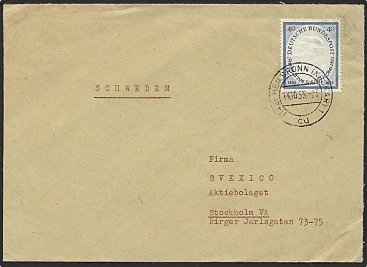 40 pfennig blå singelfrankatur på brev fra Heilbronn, Tyskland, d. 14.10.1955 til Stockholm, Sverige. (Mic. 35,- Euro).