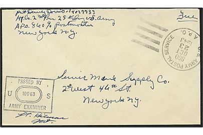 Ufrankeret amerikansk feltpostbrev stemplet US Army Postal Service APO 860 (= Reykjavik) d. 23.10.1943 til USA. Fra menig i 29th Inf. Sort unit censor nr. 10963.