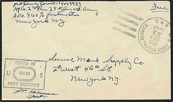 Ufrankeret amerikansk feltpostbrev stemplet US Army Postal Service APO 860 (= Reykjavik) d. 23.10.1943 til USA. Fra menig i 29th Inf. Sort unit censor nr. 10963.
