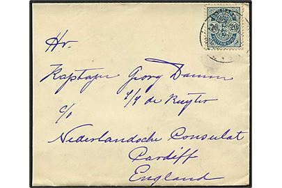 20 øre Våben single på brev fra Kjøbenhavn d. 26.11.1899 til kaptajn Damm, S/S de Ruyter c/o Nederlandske Konsulat i Cardiff, England. Ank.stempel Cardiff d. 28.11.1899 på bagsiden.