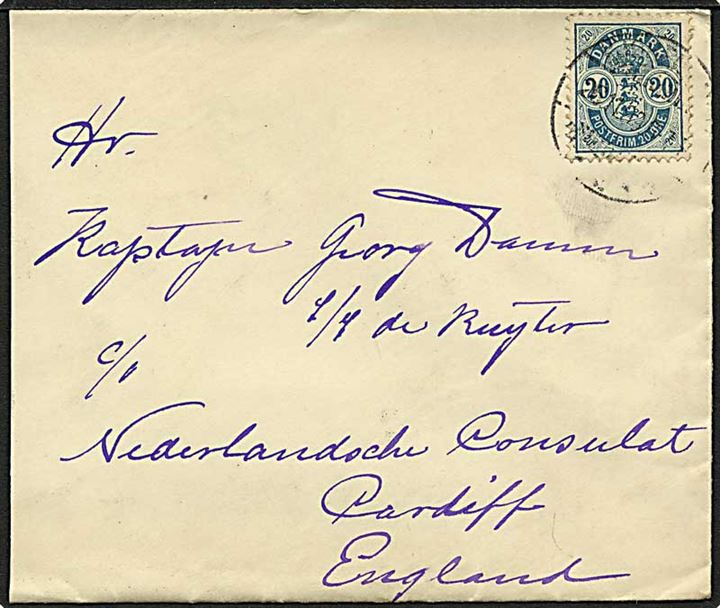 20 øre Våben single på brev fra Kjøbenhavn d. 26.11.1899 til kaptajn Damm, S/S de Ruyter c/o Nederlandske Konsulat i Cardiff, England. Ank.stempel Cardiff d. 28.11.1899 på bagsiden.
