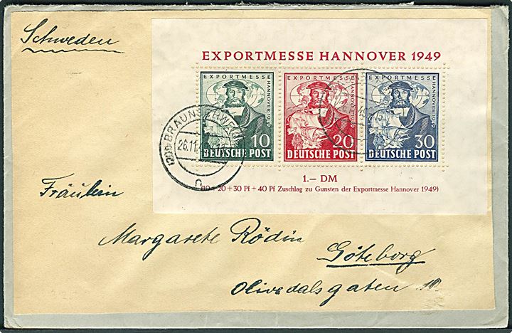 Hannover Messe 1949 blok udg. på adresseseddel på brev fra Braunschweig d. 26.11.1949 til Göteborg, Sverige. AFA 2000,- for miniatureark.