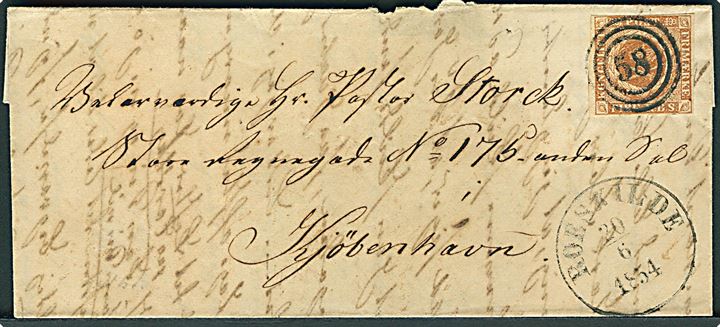 4 R.B.S. Thiele III gulbrun på brev annulleret med nr.stempel 58 og sidestemplet Roeskilde d. 20.6.1854 til Kjøbenhavn.
