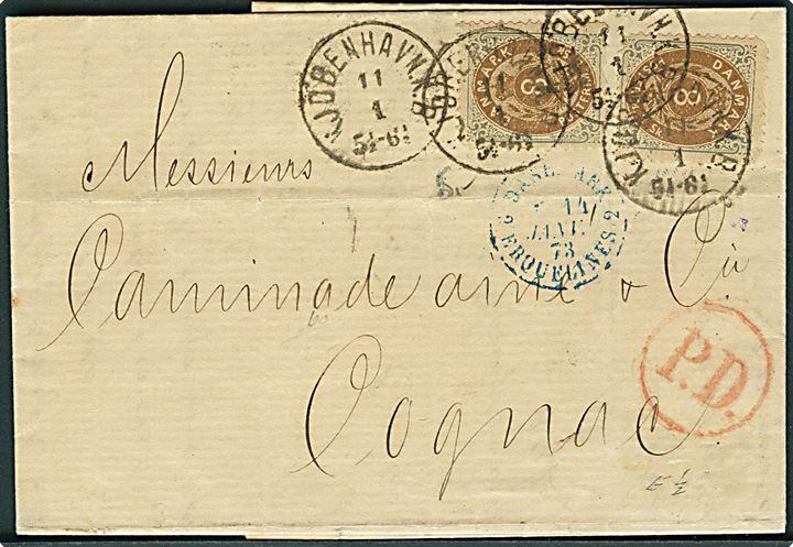 8 sk. Tofarvet (2) på 16 sk. frankeret brev annulleret med lapidar Kjøbenhavn K.B. d. 11.1.1873 til Cognac, Frankrig. Stort rødt P.D. stempel. Begge mærker med defekter.