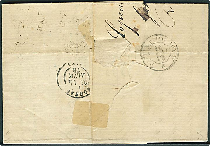 8 sk. Tofarvet (2) på 16 sk. frankeret brev annulleret med lapidar Kjøbenhavn K.B. d. 11.1.1873 til Cognac, Frankrig. Stort rødt P.D. stempel. Begge mærker med defekter.